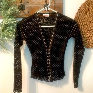 Black Lace with silver inlay eye hook Top Sm EUC